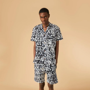 Camp-Collar Indigo Batik Shorts Set